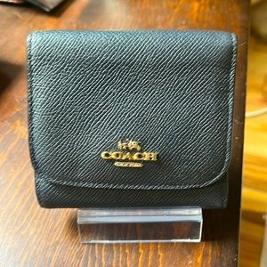 Coach Black Leather Trifold Compact Wallet - dark gray